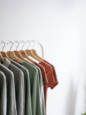 Light room interior with collection of various garments on wooden racks in wardrobe near white walls